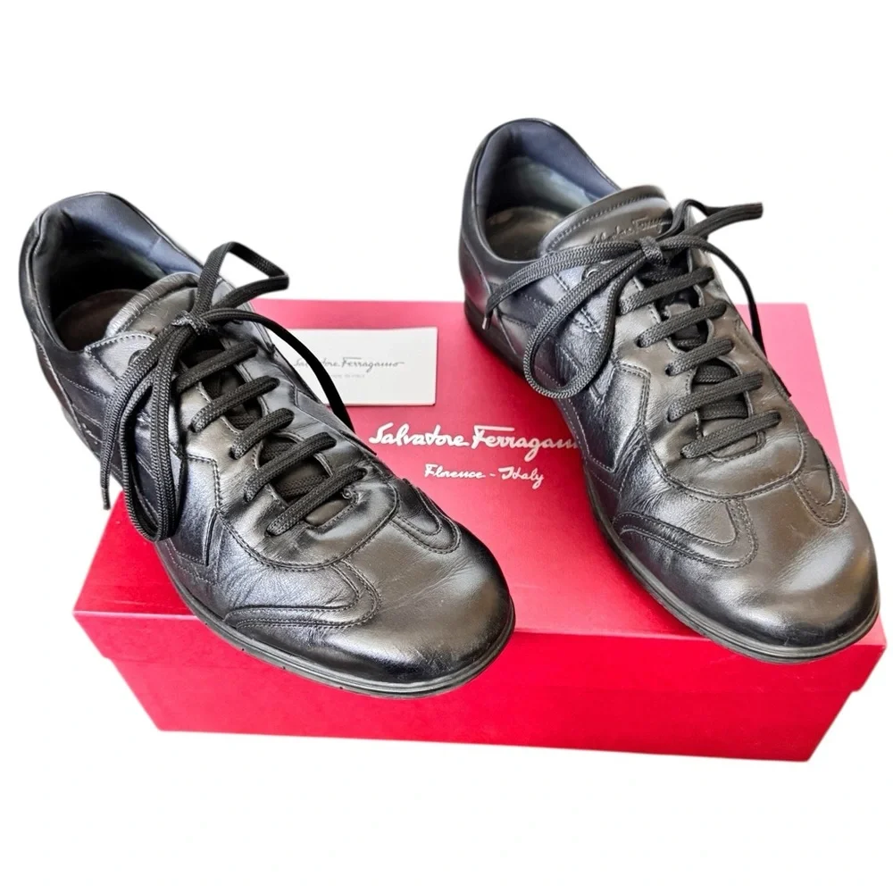 Salvatore Ferragamo Leggero Black Leather Sneakers Size 9.5 D